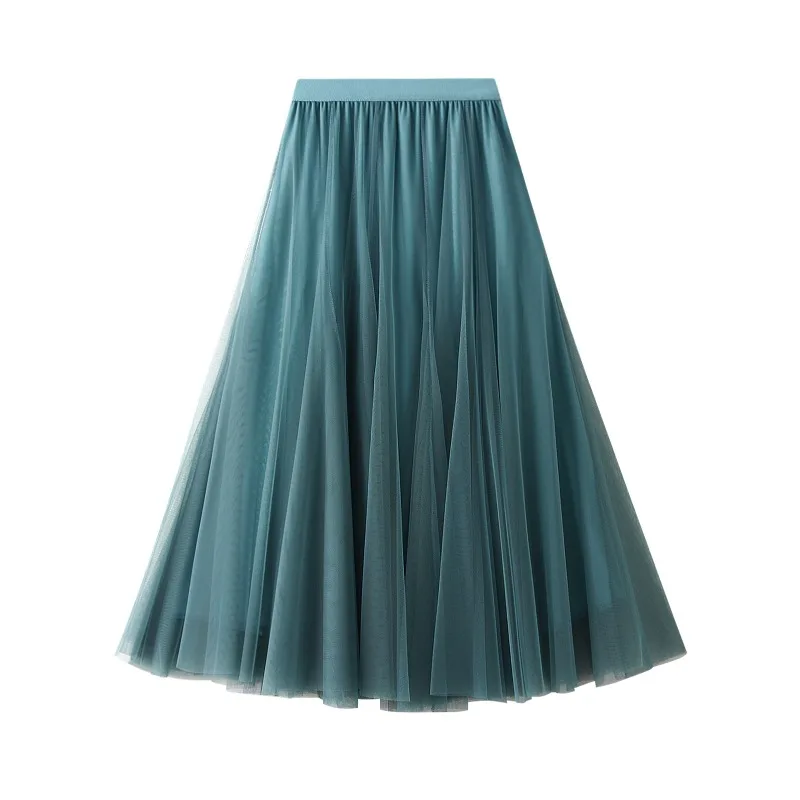

2026 Fashion Double-layer Mesh Skirts Women's Elastic Waist Pleated Maxi Skirts Spring Summer Elegant A-line Skirts Streetwear