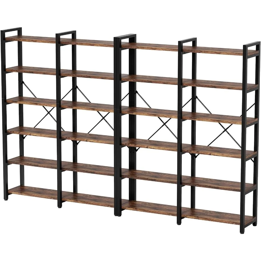 Double Wide Book Shelf Industrial Bookshelf with Metal Frame Open Large Book Shelf Wood and Tall Display Shelves for Home and O
