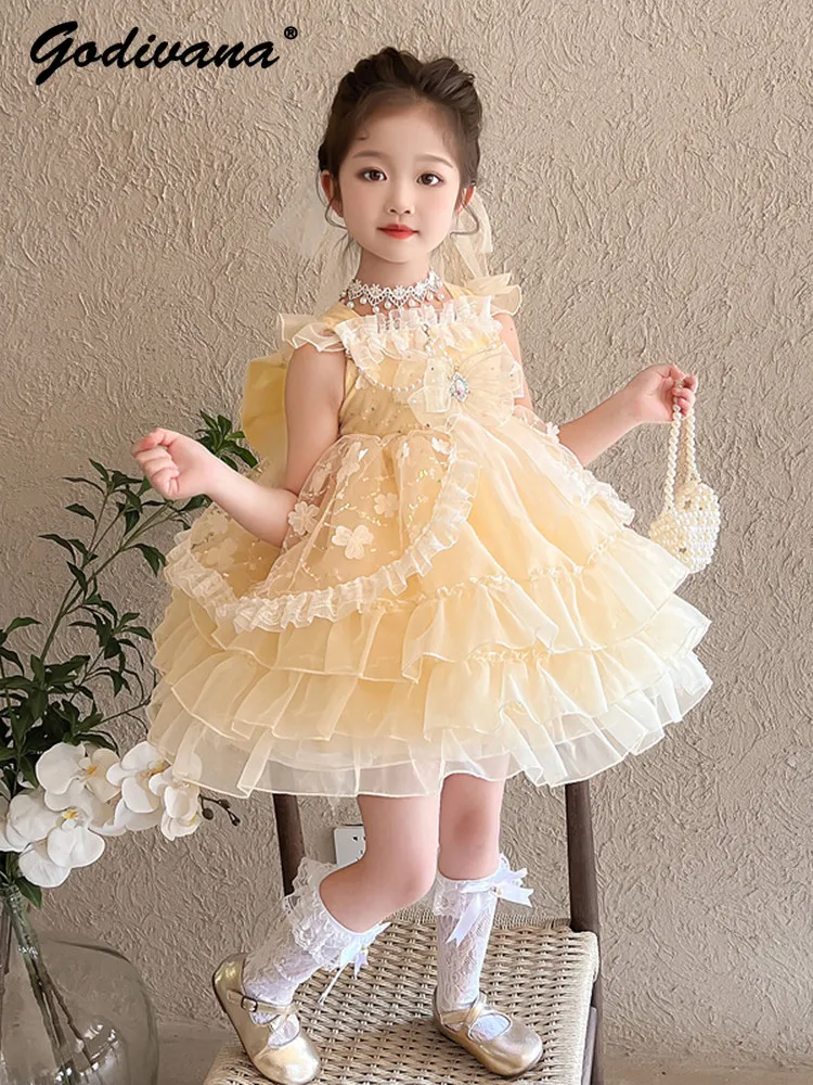 

Sweet Baby Girls 2026 New Summer Lolita Princess Dress Childrens Bow Embroidery Rhinestone Ruffle Trim Tulle Sleeveless Dresses