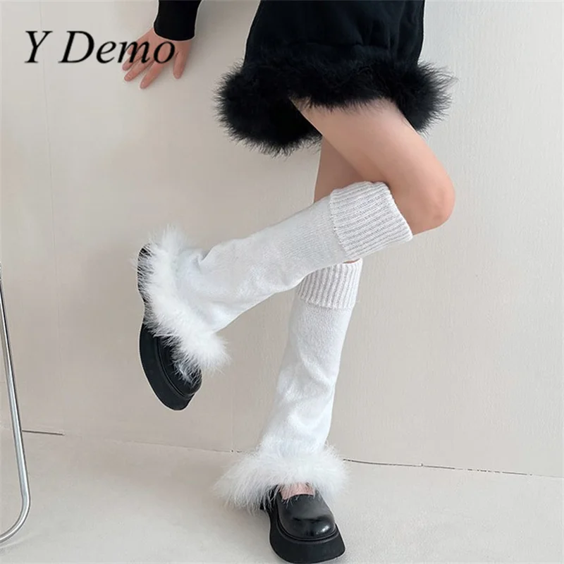 Y Demo Y2K Sweet Feather Edge Pile Socks Elastic Color Patchwork Knitted Leg Warmer Boots Cover 90s Streetwear