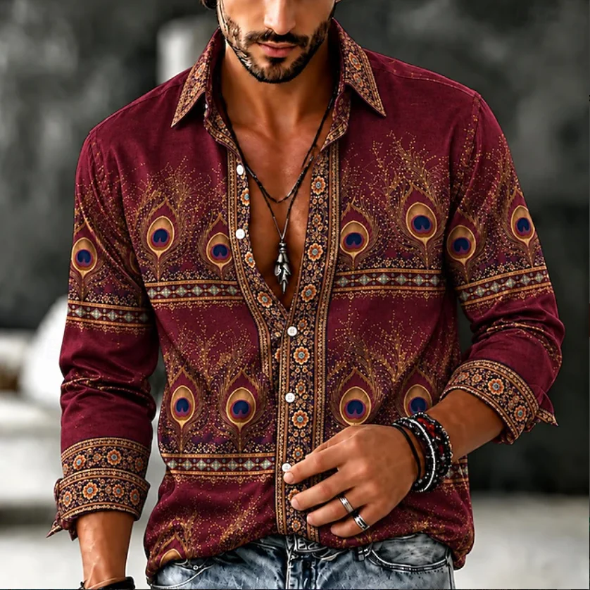 New peacock blue peacock feather ethnic style printed long sleeved shirt Bohemian men's casual retro shirt
