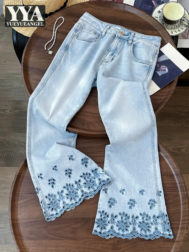 

Fashion Slim Fit Women Jeans Blue High Street Hollowed Out Embroidered Micro Flared Pants Casual Denim Wide Leg Long Trousers