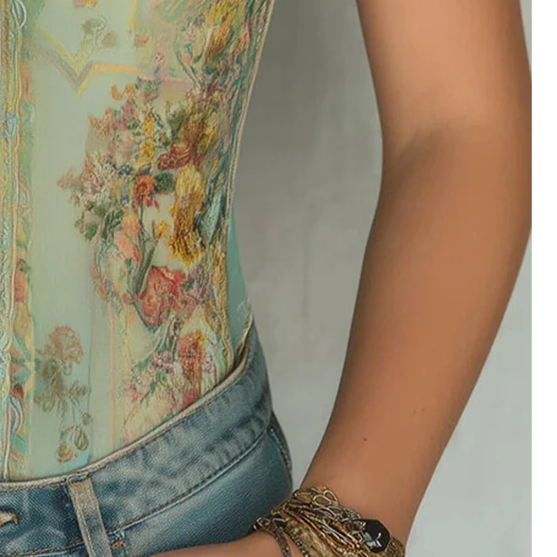 

Boho Floral Print Zip-up Sheer Slim Fit Blouse Top for Women Mandarin Collar Short Sleeve Top Summer Elegant Shirt and Blouse