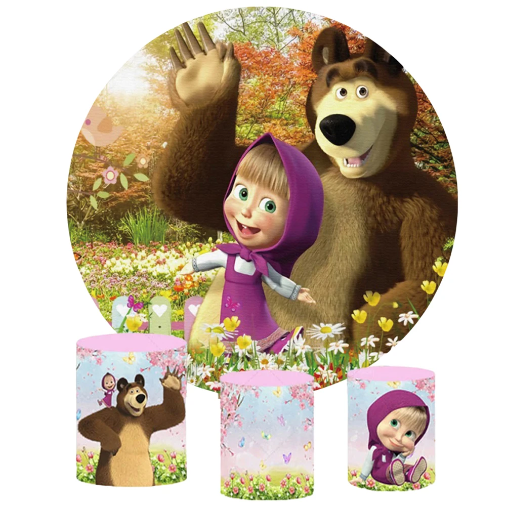 

Masha And The Bear Round Backdrop Cylinder Covers Photo Background For Photography Baby Shower Birthday Party Kids Props Poster