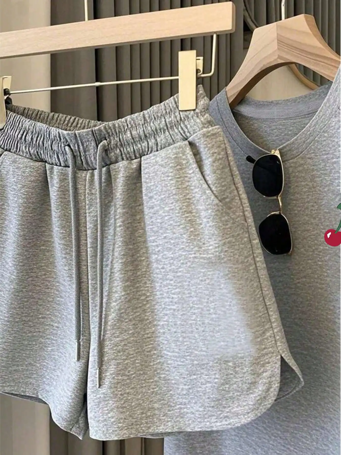 Women's Gray Cherry Print Casual 2-Piece Set with Rolled Sleeves, Summer Lounge Wear