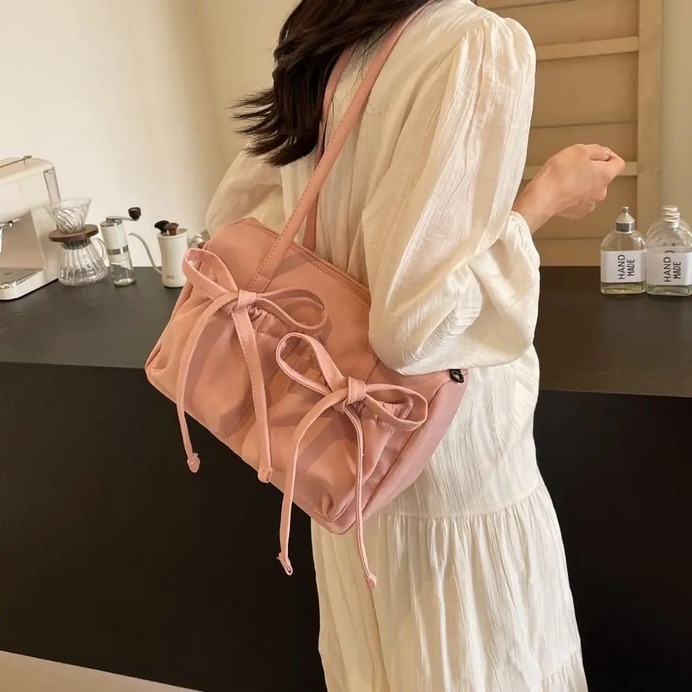 

Simple Bowknot Bow Nylon Tote Bag Large Capacity Korean Style Pleated Shoulder Bag Canvas Handbag Armpit Bag Girls