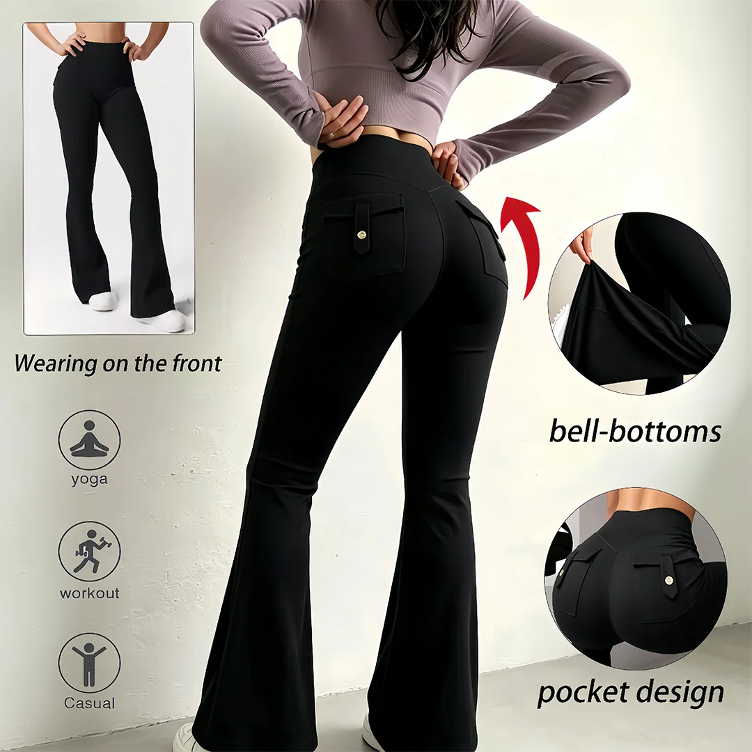 Women's High Belt Back Pocket Peach Hip Bell Bottoms, Quick-Drying and Breathable, Suitable for Gym, Dance and Training