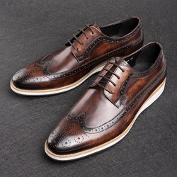 Fashion Retro Casual Leather Shoes Business Office Luxury Mens Derby Formal Shoes Genuine Cow Leather Handmade Lace-up Shoes Men