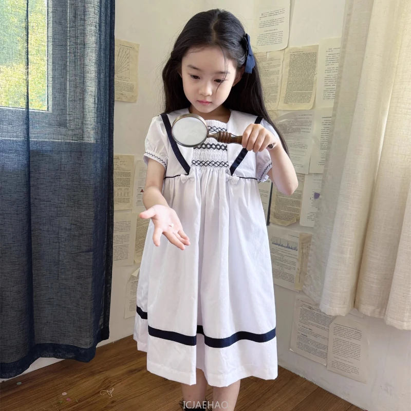 Teen Girl Clothes Children White Vintage Navy Hand Smocked Costume Kids Girls Short Sleeve Dress Korean Simple Casual Dresses