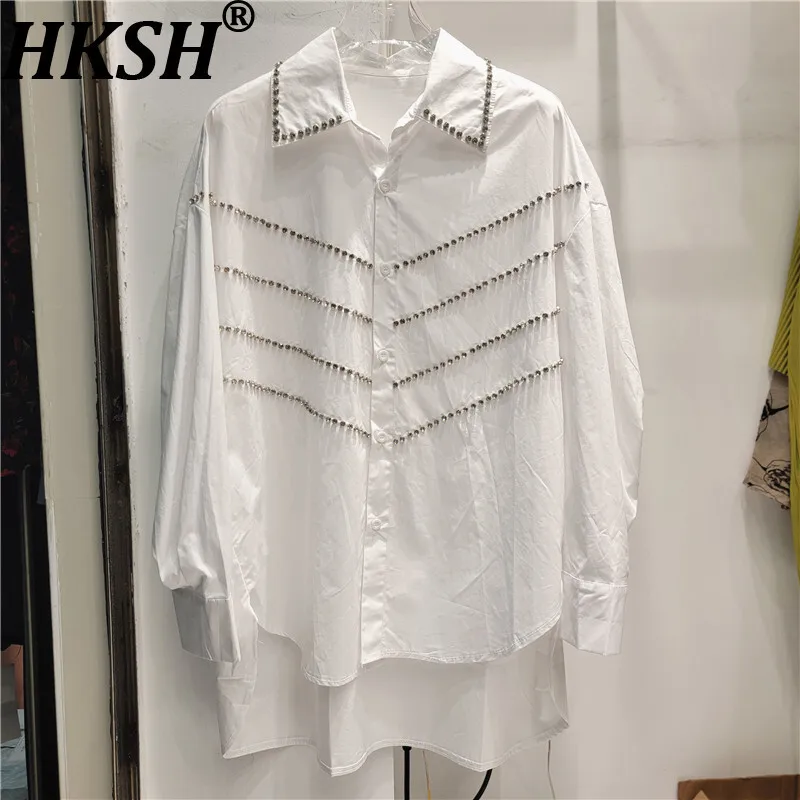 

HKSH Autumn New Women Tide Shirt Heavy Craft Studded Diamonds Long Sleeved Turn-down Collar High Street Elegant Chic Tops HK9504