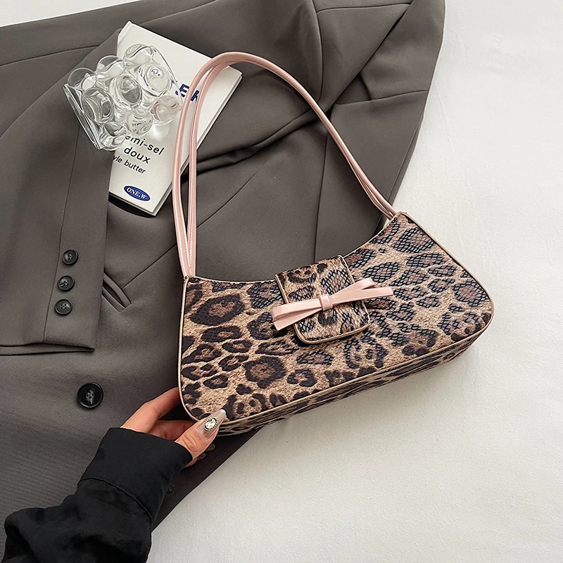 Personalized Leopard Pattern Underarm Bag Women 2024 Autumn New Chic Bow Retro Versatile Single Shoulder Bags Party Handbags