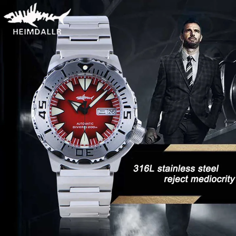 Heimdallr Sharkey Monster V2 Diver Watch 200M Waterproof Sapphire C3 Luminous Frost Red Dial NH36 Men Automatic Mechanical Watch