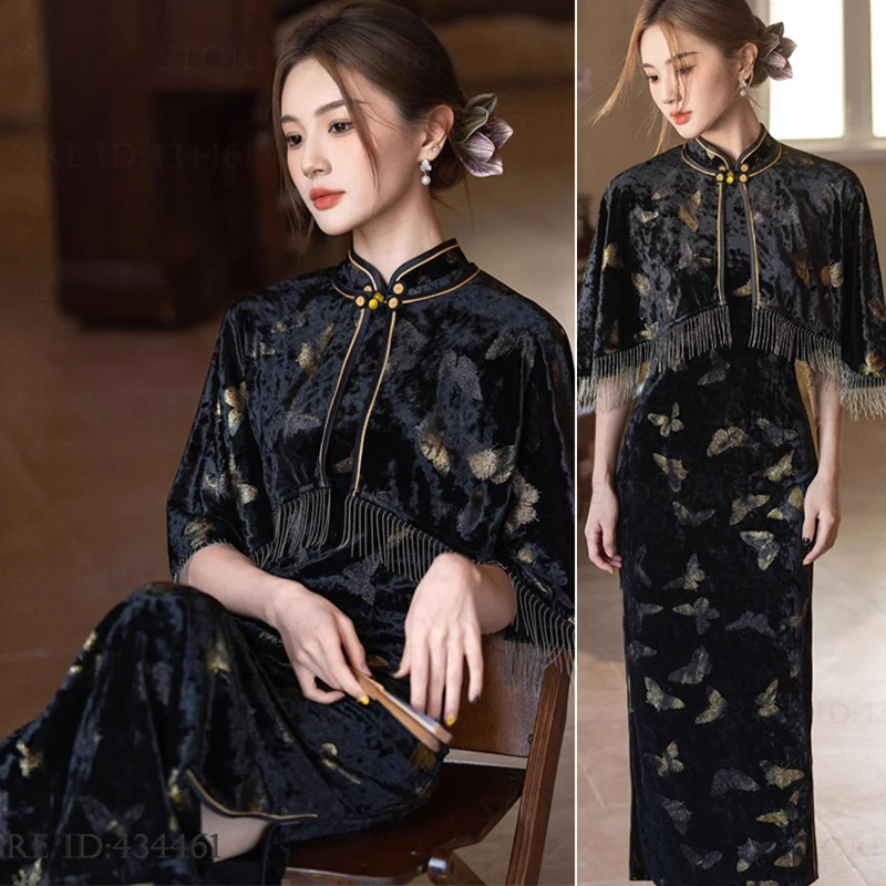 

Classic Women Velvet Long Cheongsam Chinese Traditional Dress Elegant Jacquard Butterfly Slim Qipao Oriental Evening Party Dress