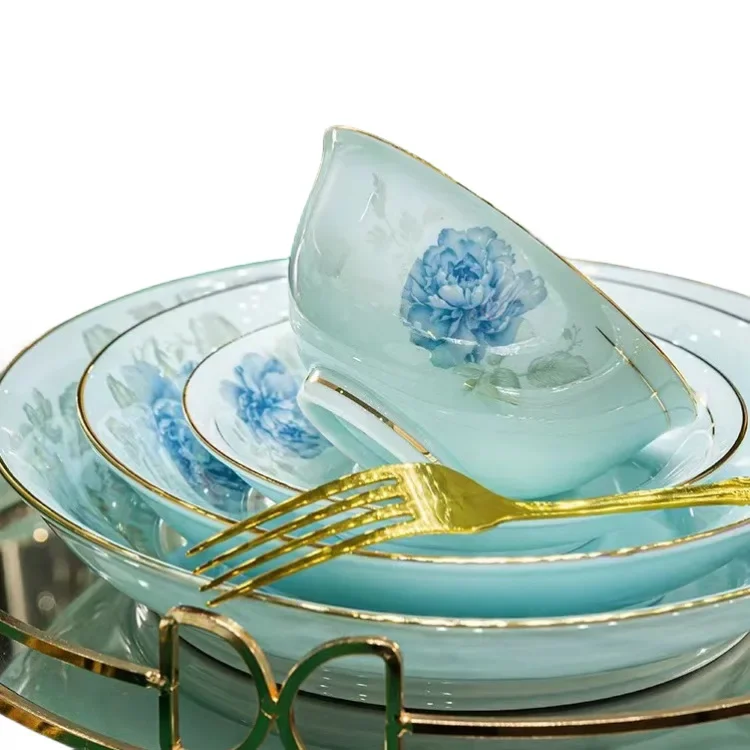 Jingdezhen kaolin raw ore glazed shadow celadon tableware set Chinese dish set Household housewarming gifts