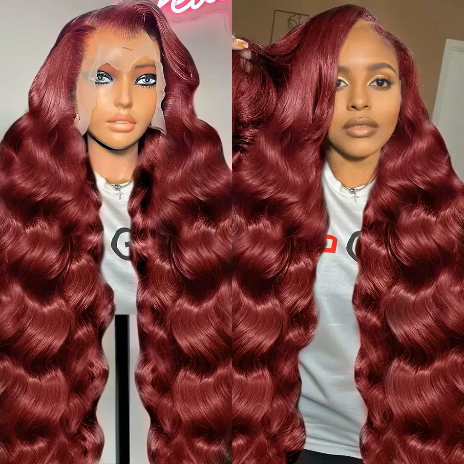 200 плотность 99J бордовый 13x4 HD Body Wave кружевные передние человеческие волосы парики 36 дюймов красного цвета 13X6 фронтальный парик для женщин