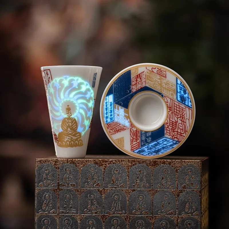 Dunhuang No-Phase Buddha Glowing Tea Cup, LED Light Ceramic Master Cup, Chinese Cultural Gift for Home