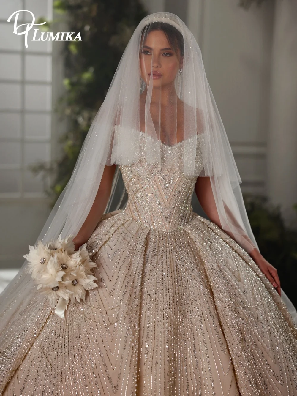 Gorgeous Off Shoulder Sweetheart Neck Bridal Dress Illusion Crystal Sequins Wedding Gown Customized  Bride Robe Vestido De Novia