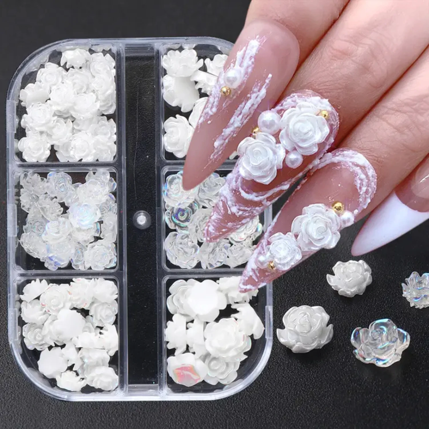 Mooie witte roos Camellia nageldecoratie - set van 90 stuks