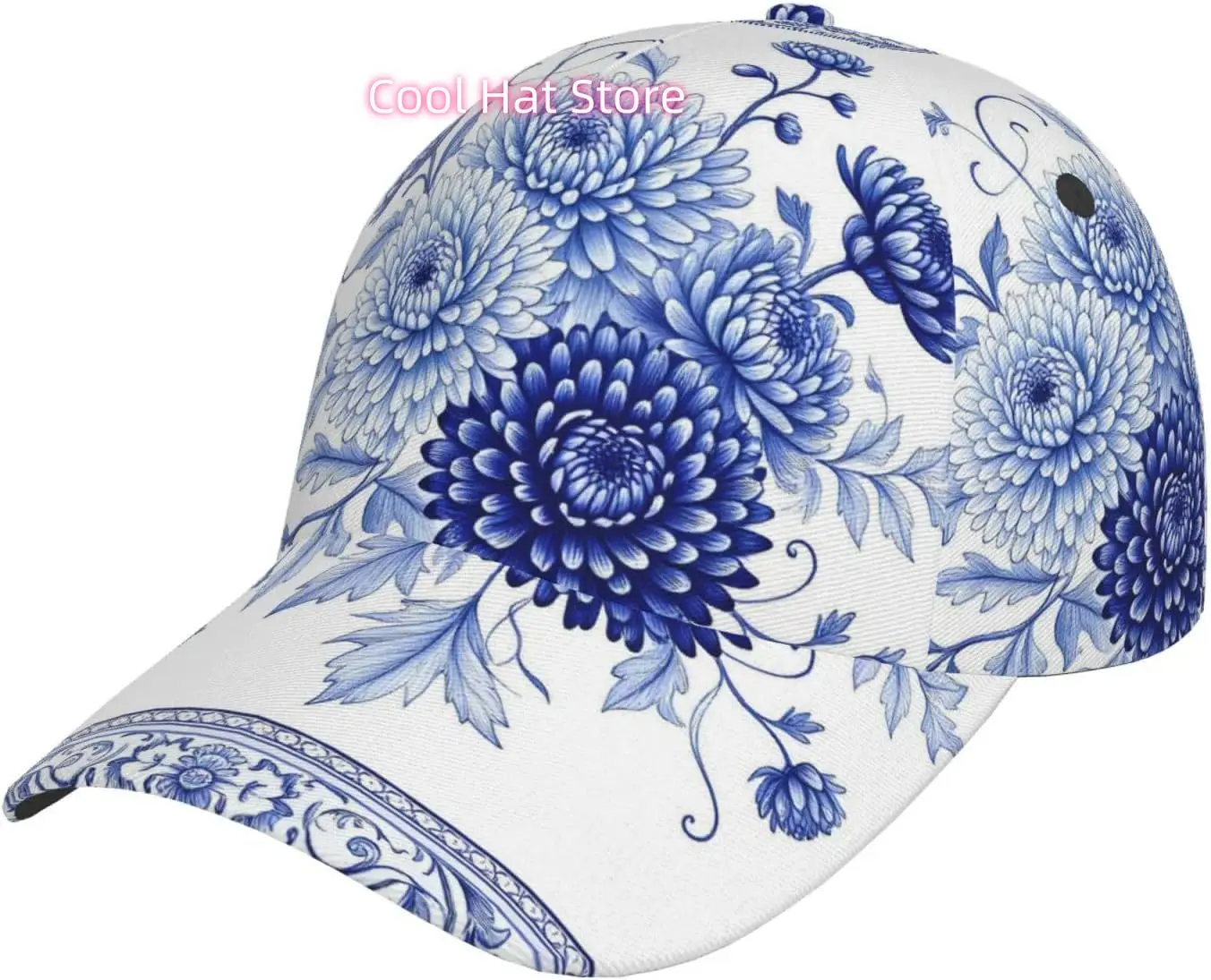 Blue Floral Artwork Pattern Baseball Cap Adjustable Cotton Baseball Hat for Sports, Outdoor, Travel Gifts for Men