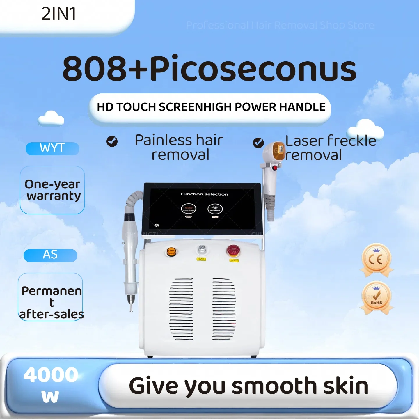 

Hot Sale!4000W Ice Cooling Diode Laser Hair Removal Machine 3 Waves 755nm 808nm 1064nm 2in1 Picosecond Tattoo Remover for Salon.