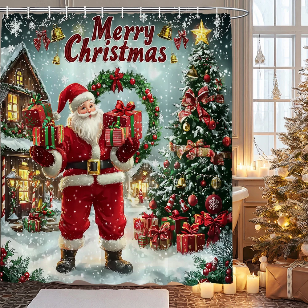

Рождественская занавеска для ванной с принтом Санта-Клауса и снеговика, с крючками, из ткани с принтом для домашнего праздничного декора.