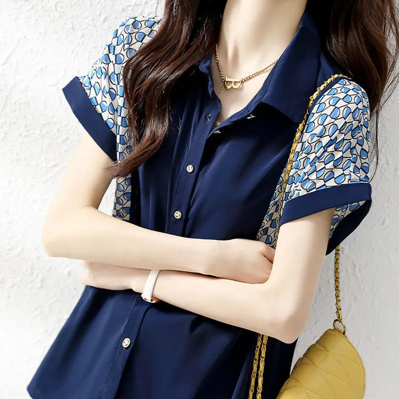 Commute Stylish Turn-down Collar Shirt Women\'s Clothing Chic Single-breasted Summer Printed Patchwork All-match Chiffon Blouse