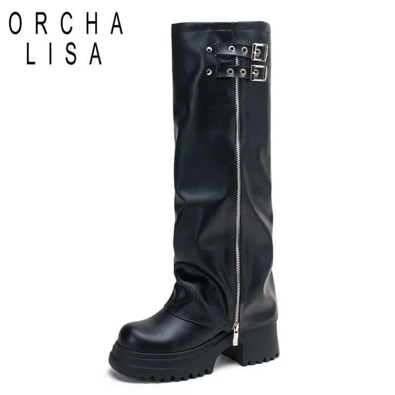 ORCHALISA Designer Ladies Knee High Footwear Round Toe Chunky Heel 7.5cm Raised Base Zipper Metal Ornament Extended Sizes 44 45