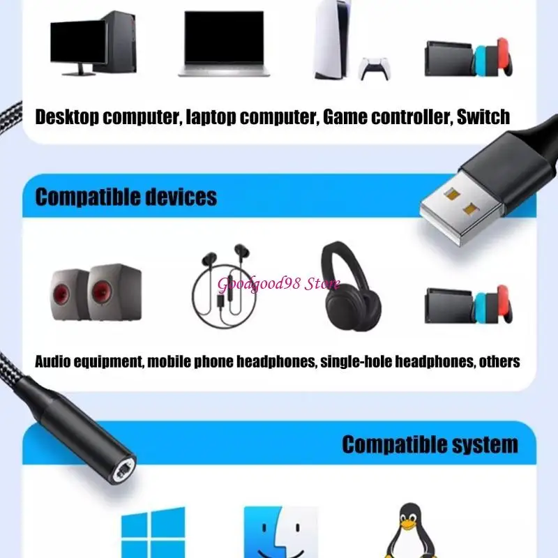 

USB To 3.5mm Headsets Cable Travel Friendly Design Wide Compatibility 5.0cm