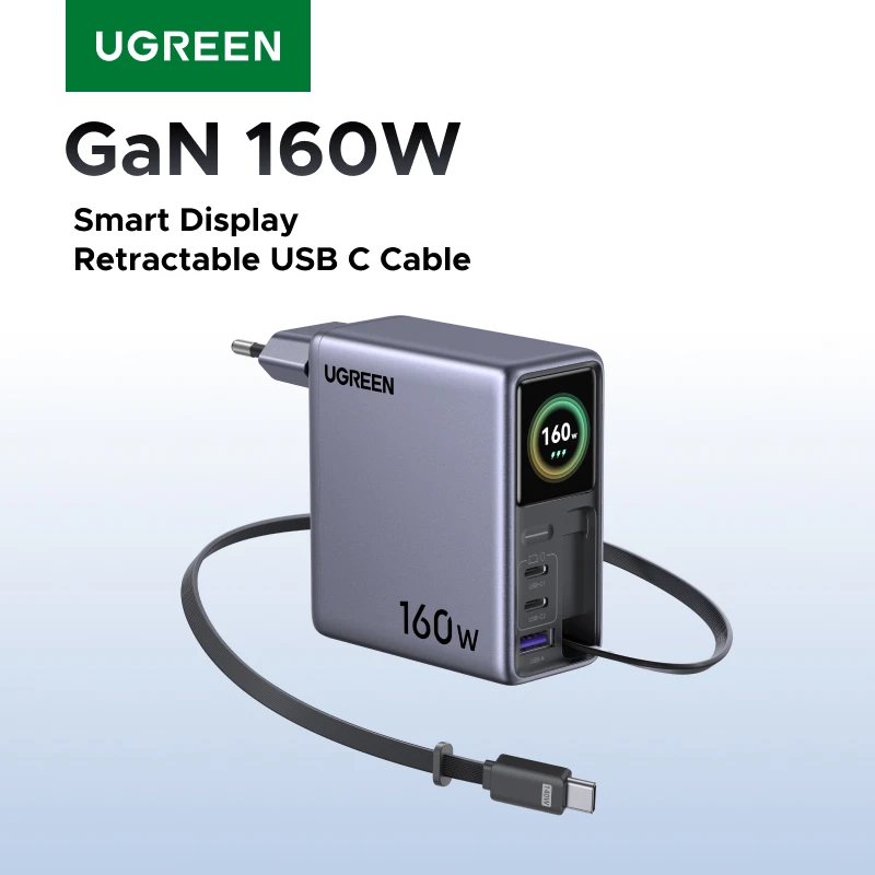 UGREEN 160W スマートディスプレイ搭載 GaN充電器 巻き取り式ケーブル付き