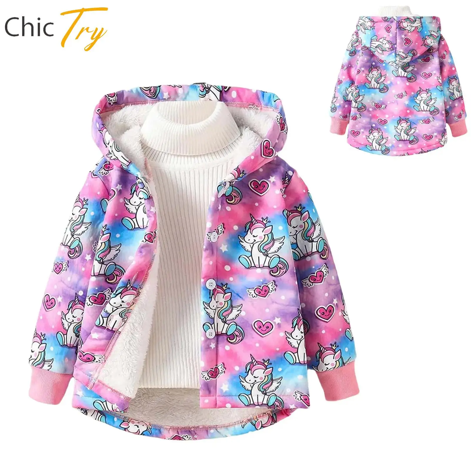 

Children Girls Cartoon Print Fleece-Lined Casual Hooded Jacket Long Sleeve Curved Hem Zipper Coat Outdoor Outerwear Daily Wear