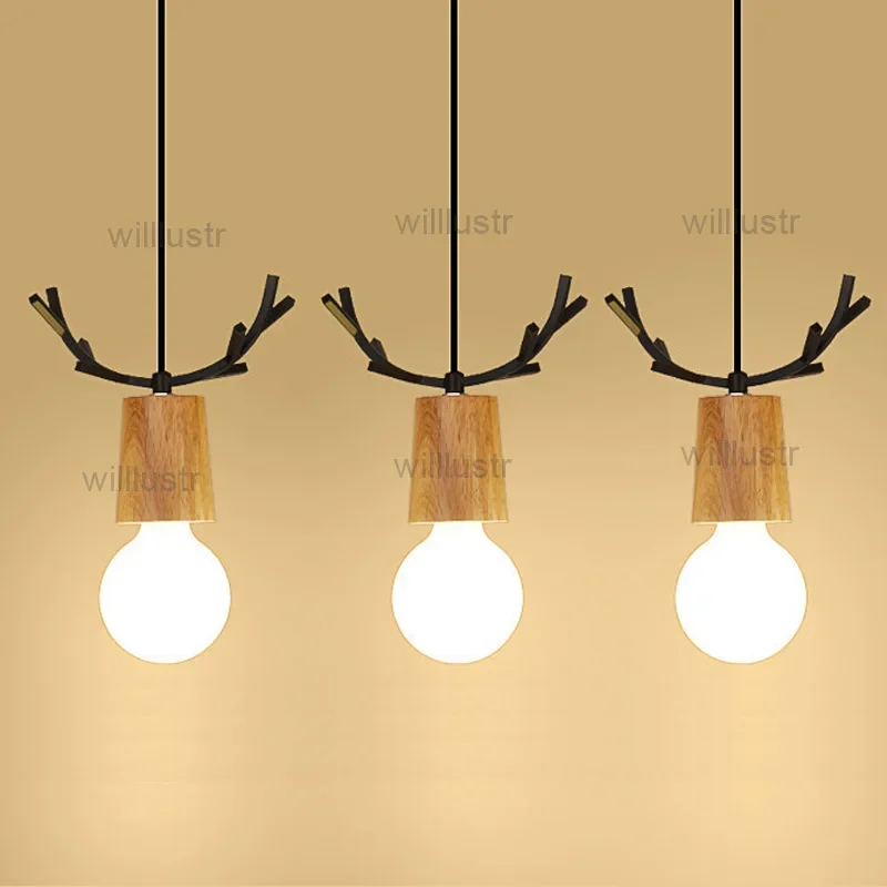 

Iron Antler Wood LED Pendant Lamp Cafe Bar Bakery Kitchen Canteen Deer Head Art Deco Ceiling Chandelier Suspension Hanging Light