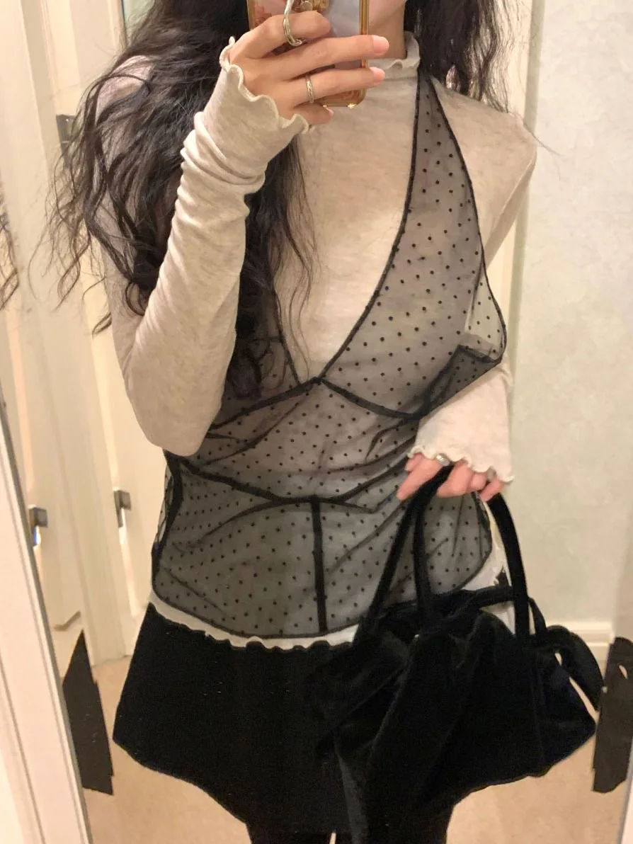 한국어 Ins 같은 레이스 웨이브 포인트 캐미솔 드레스 여성 메쉬 민소매 중간 길이 커버 드레스 여름 새로운 Y2K 소녀 매운 소녀