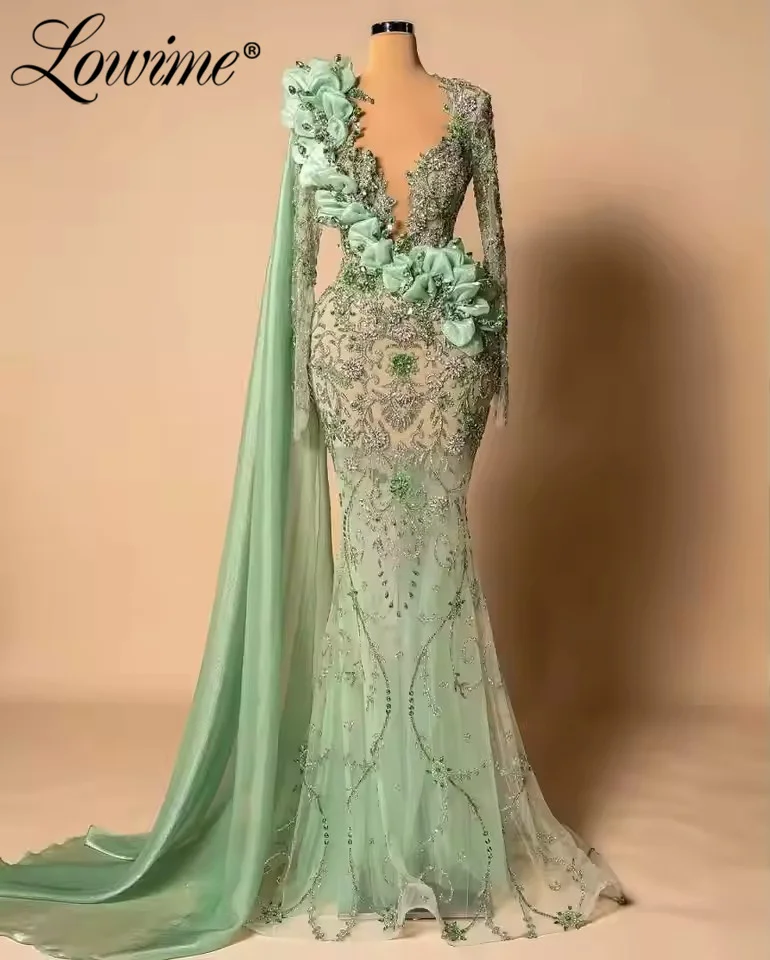 

Mint Green Celebrity Dresses 2026 Customized Long Sleeves Evening Gowns Crystal Beaded Prom Dress Arabic Wedding Party Dresses