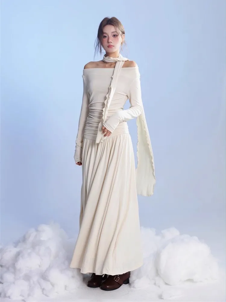 French Gentle Temperament Dress For Women, 2024 Autumn And Winter New Design, Swinging Collar Pleated Knitted Lazy Long Skirt