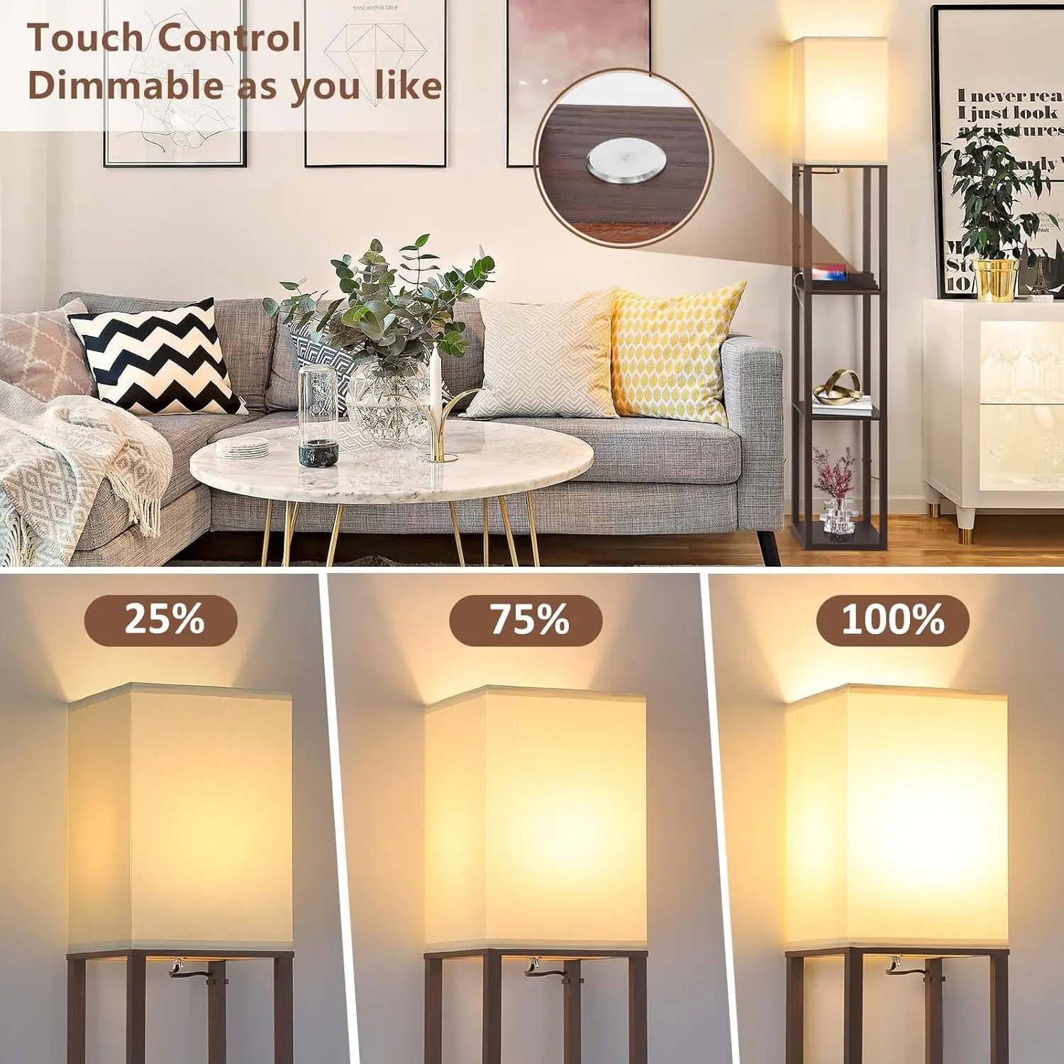 Shelf LED Floor Lamp with Shelves, Charging USB, Type C Port and Power Outlet, Dimmable Standing Lamp for Living Room