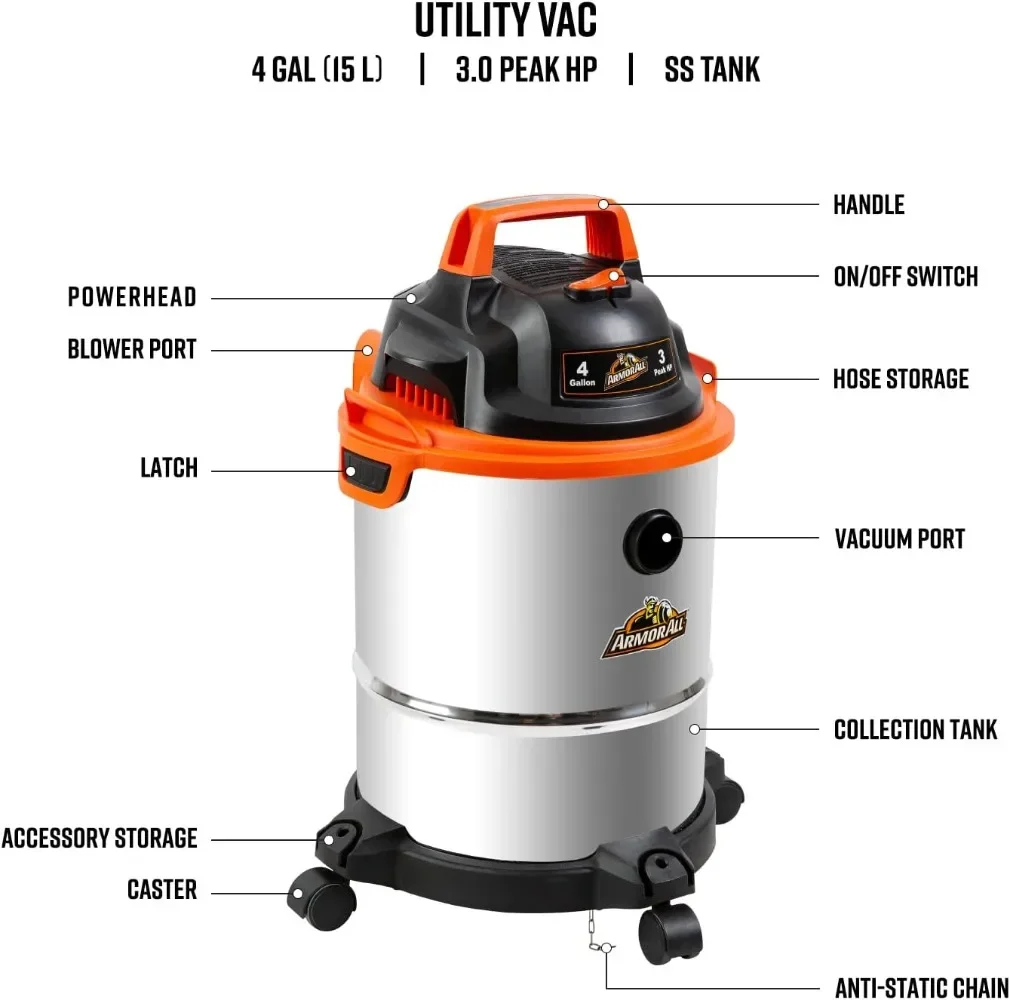 4 Gallon Wet/Dry Vac 3.0 Peak HP Shop Vacuum with 3 Nozzles and 1 Brush Stainless Steel Tank Orange