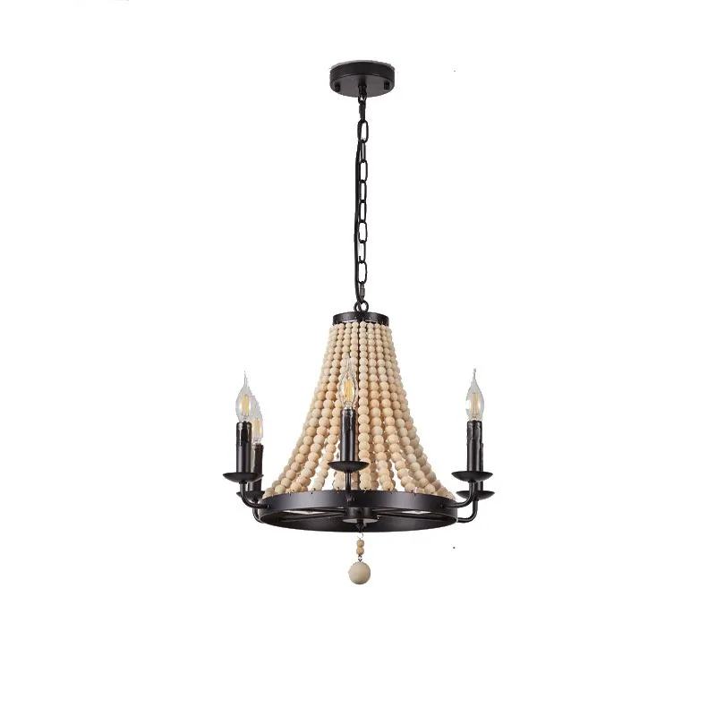 American rural retro 6-head wood bead wrought iron dining room chandelier, living room bedroom bedside decorative lamps