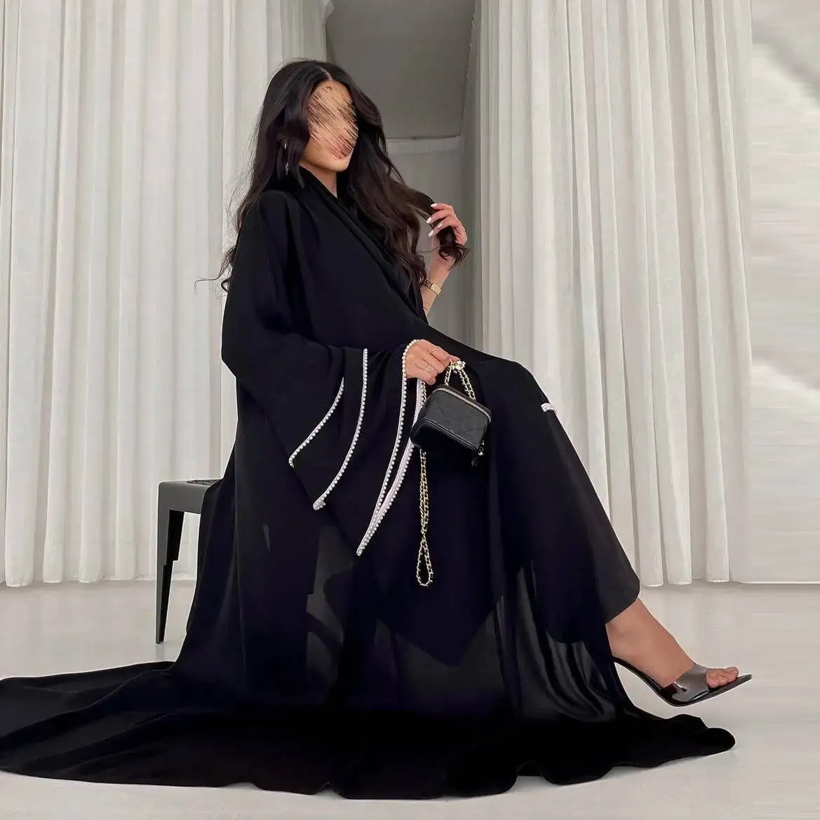 

Модная абайя-кардиган Mq120 в арабском стиле из Дубая, черная, с манжетами, декорированными бусинами, элегантное исламское платье-пальто для Рамадана, роскошная модель из Дубая