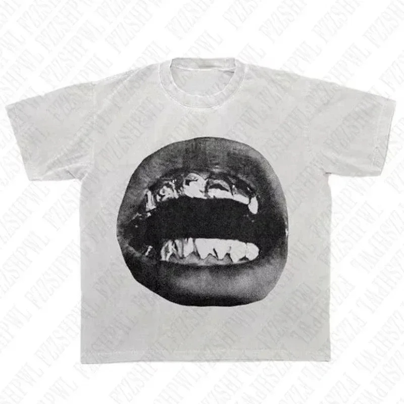2026 Grayscale Big Open Mouth Teeth Close Up Portrait Graphic T Shirt Minimal Monochrome Mouth Print Cotton Short Sleeve Tee