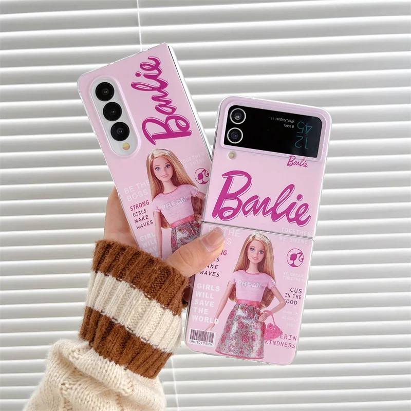 MINISO Barbie Phone Case for Samsung Galaxy Z Flip 5 4 3 Pink Hard PC Folding Back Cover for Samsung Z Fold3 Fold4 Fold5