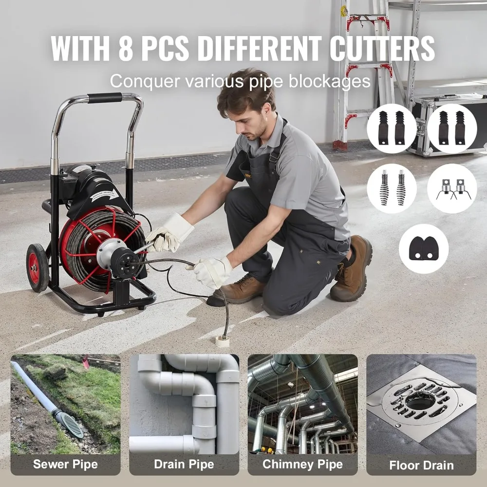منظف تصريف التغذية التلقائي 100 قدم، 370 وات ثعبان المجاري المحمول مع 8 قواطع ومفتاح قدم لأنابيب 2-4 بوصة #5