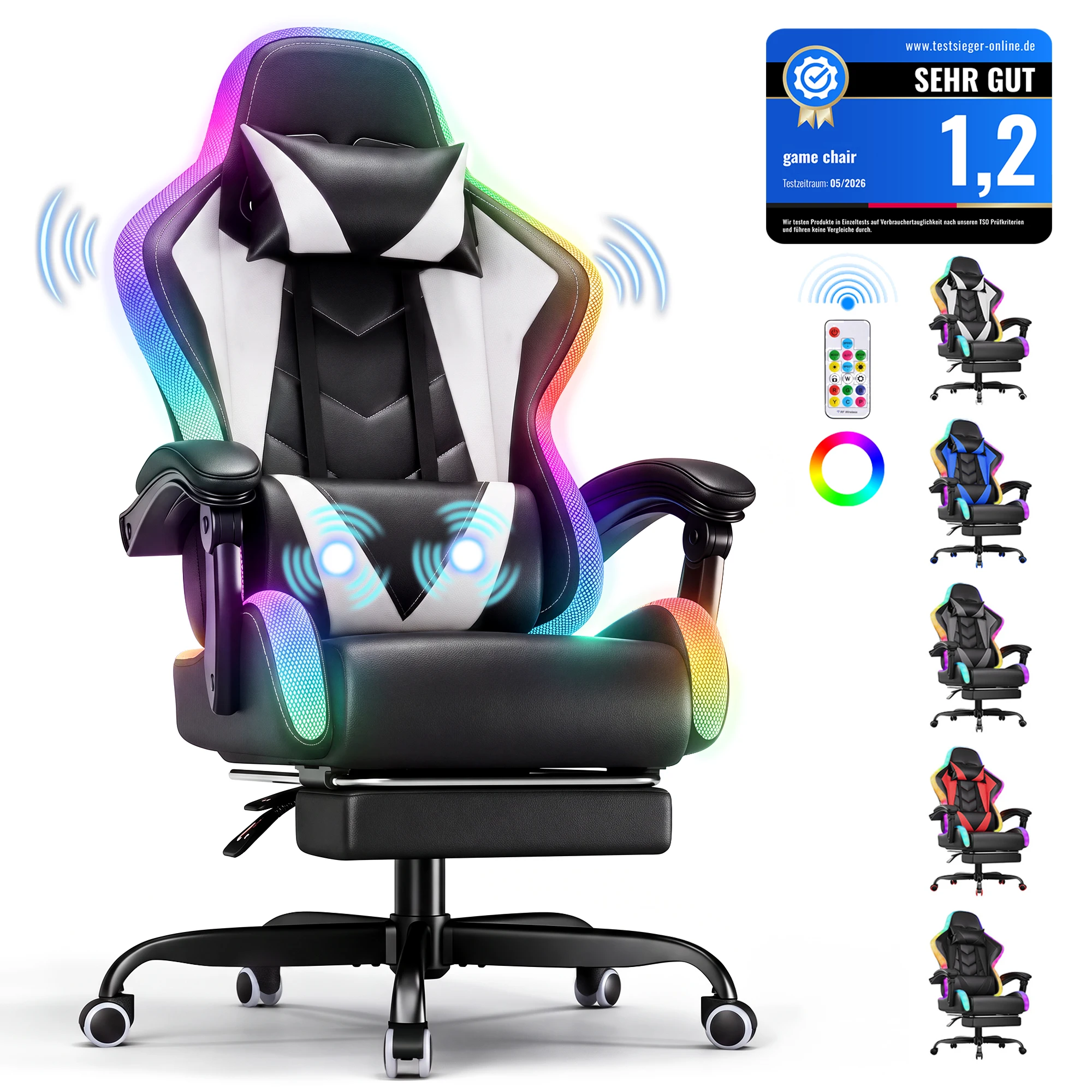 Fauteuil de jeu HOMALL RGB, fauteuil de massage, chaise de bureau ergonomique, éclairage LED, dossier réglable, repose-pieds, cuir PU, chaise d'ordinateur à dossier haut