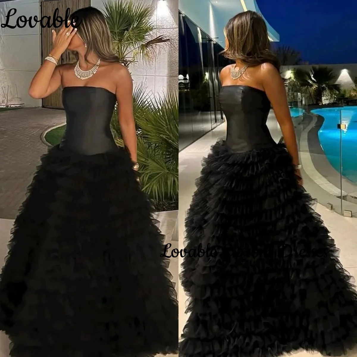

Black Vestidos De Festa Customize A-Line Strapless Dress Women Elegant Luxury Ruffle Floor-Length Zipper Elegant Dresses For Wom
