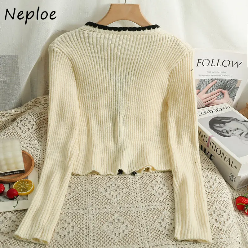 Neploe Autumn Winter Vintage Sweater Jacket V Neck Stripe Contrast Color Outerwear Bandage Bowknot Long Sleeve Cardigan Mujer