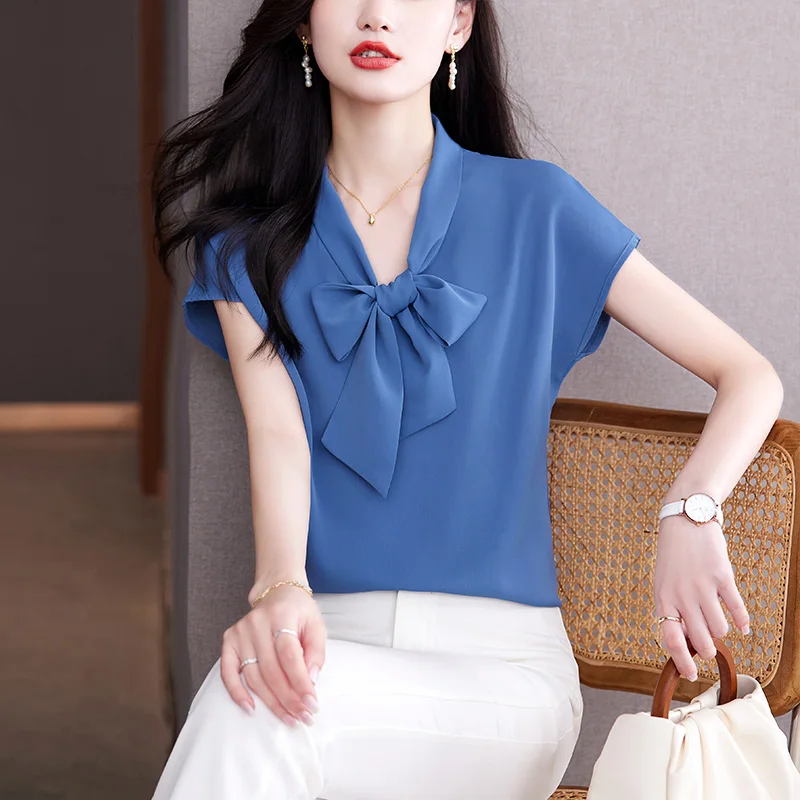 Women Korean Fashion Bow Lace Up Silk Blouse Office Lady Elegant Business Casual Shirt Solid Short Sleeve Slim Tops Blusas Mujer