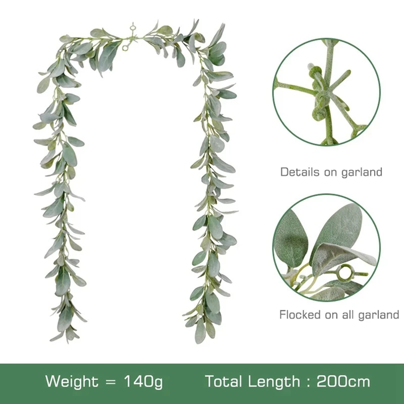 4X Artificial Flocked Lambs Ear Garland - 2Meter Soft Faux Vine Greenery And Leaves For Farmhouse Mantel Decor