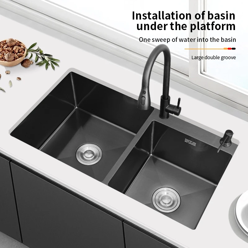 Black Double Bowl Kitchen Sink Two Holes Spray Jet Stainless Steel Multifunctional Kitchen Sink Set