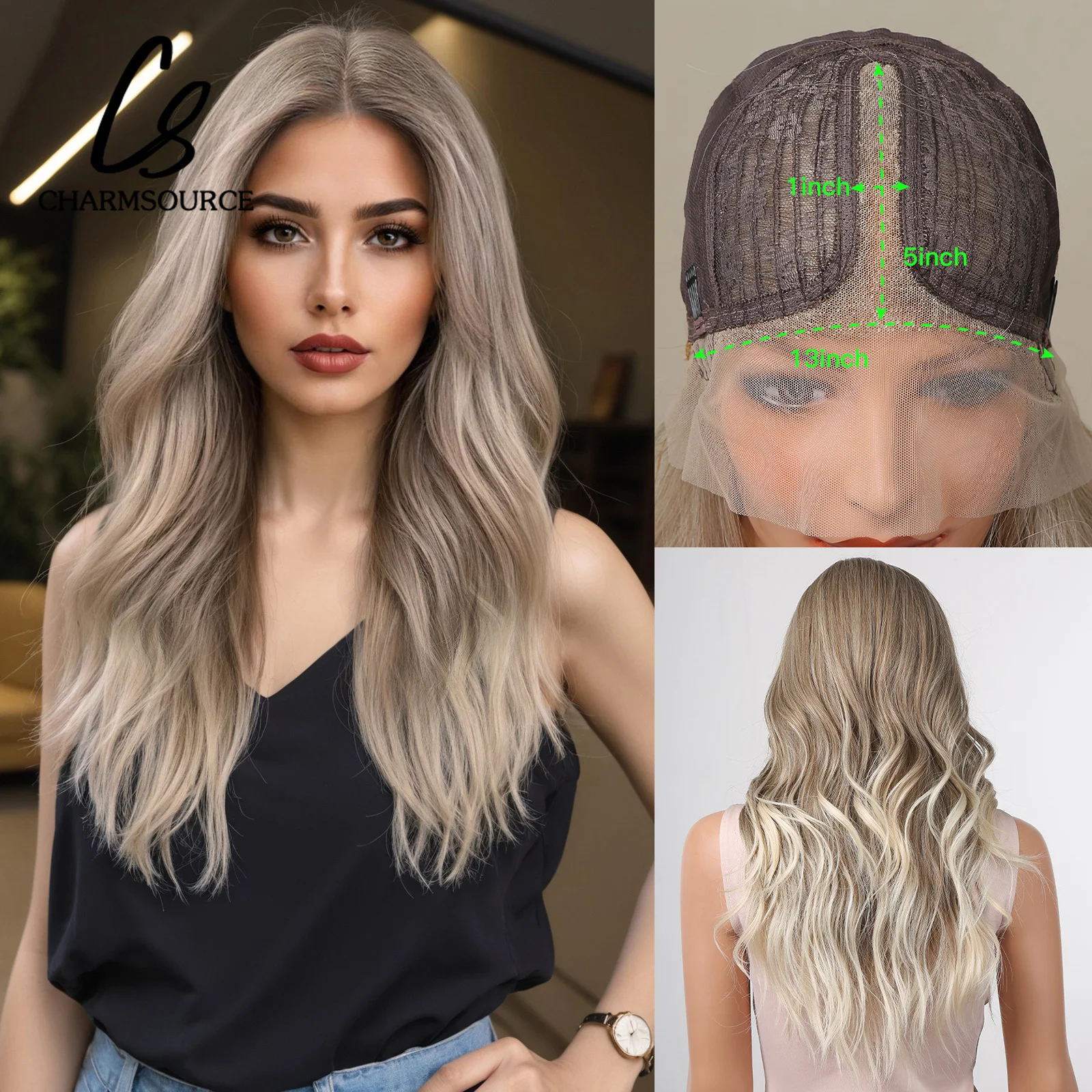 

CharmSource Synthetic Front Lace Wig Long Wavy Wigs Ombre Grey to Blonde Daily for Women High Density Heat Resistant Hair