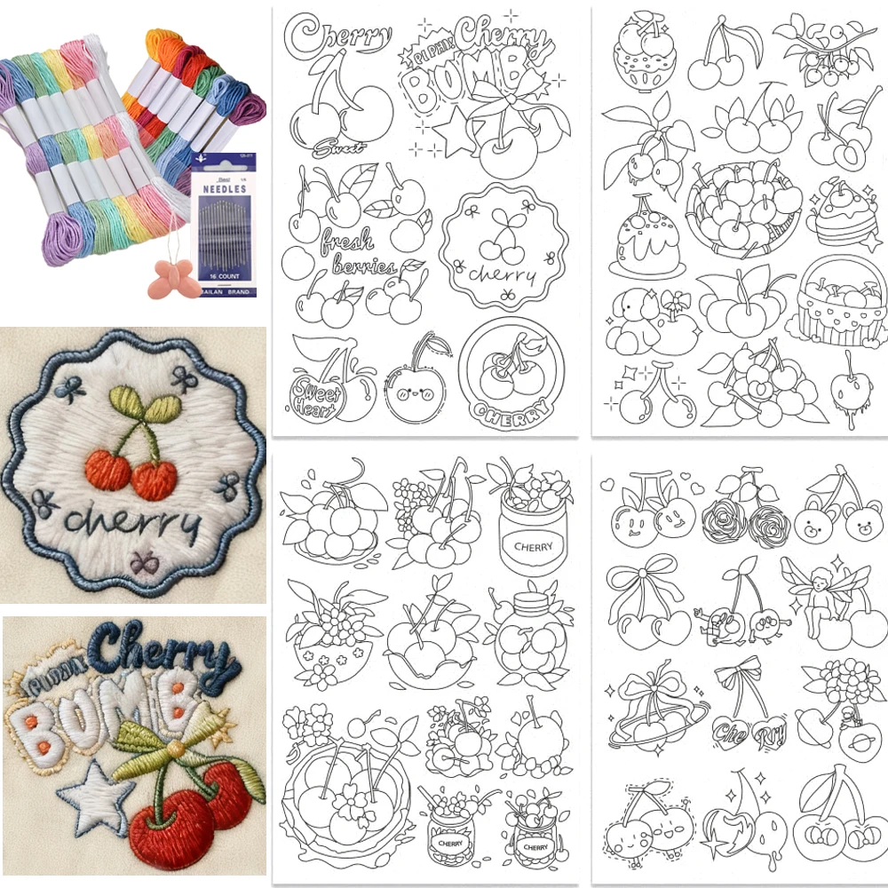 

4 Pcs Cherry Water-Soluble Embroidery Stickers, Pre-Printed Fruit Patterns, Non-Woven Fabric DIY Self-Adhesive Embroidery Sticke