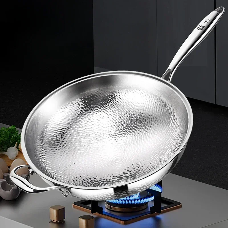 Titanium Wok Pure Titanium Uncoated Wok Household Flat Bottom Hammer Printing Physical Non-Stick Frying Pan